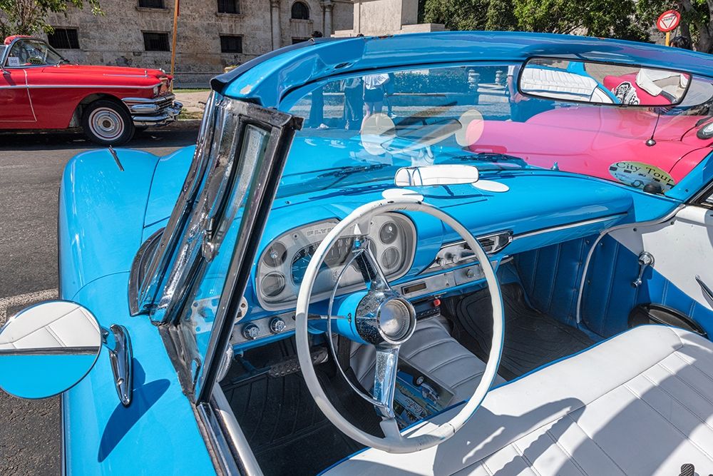 View into drivers seat of a classic convertible baby blue American car parked in Vieja-Havana-Cuba art print by Janis Miglavs for $57.95 CAD